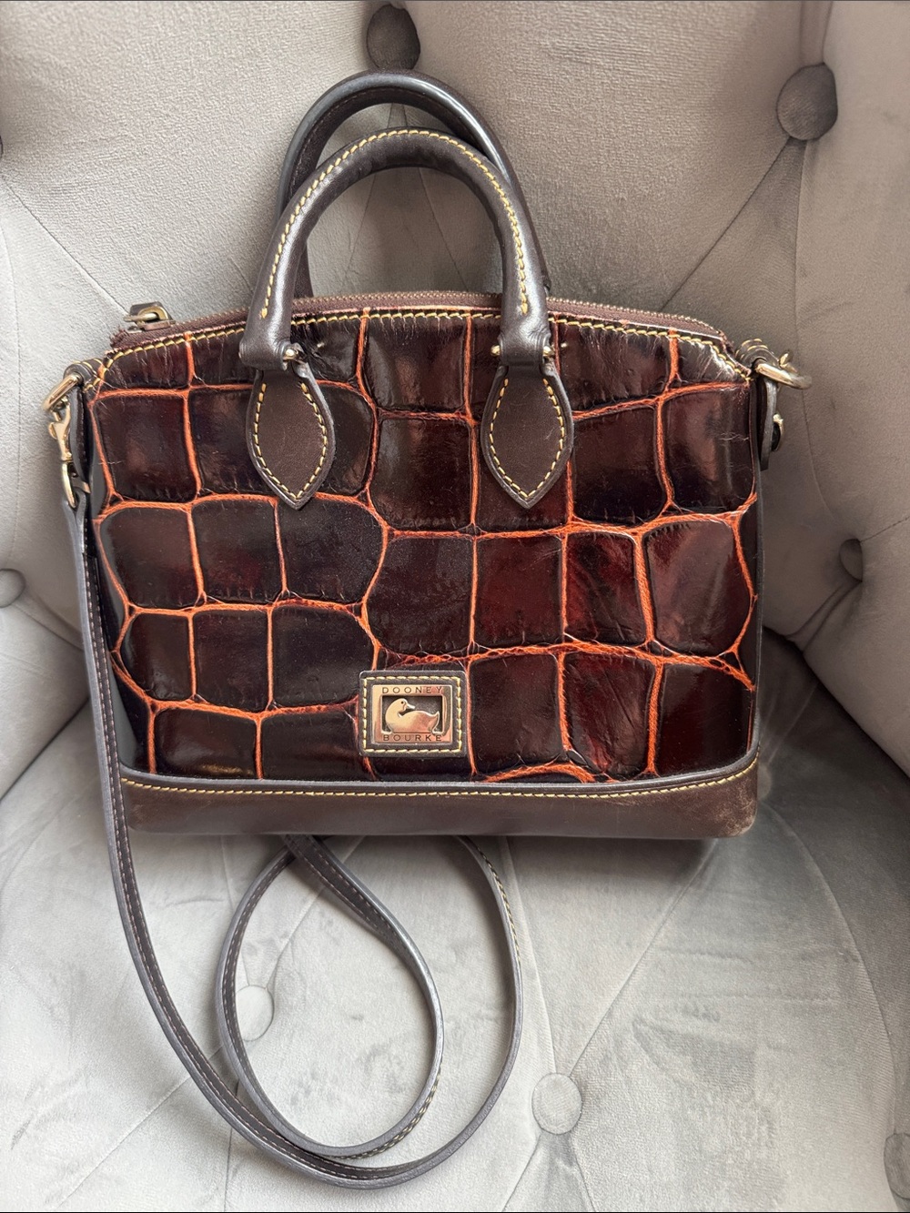 Dooney & Bourke Brown Croc-Embossed Leather Satchel with Dark Brown Trim